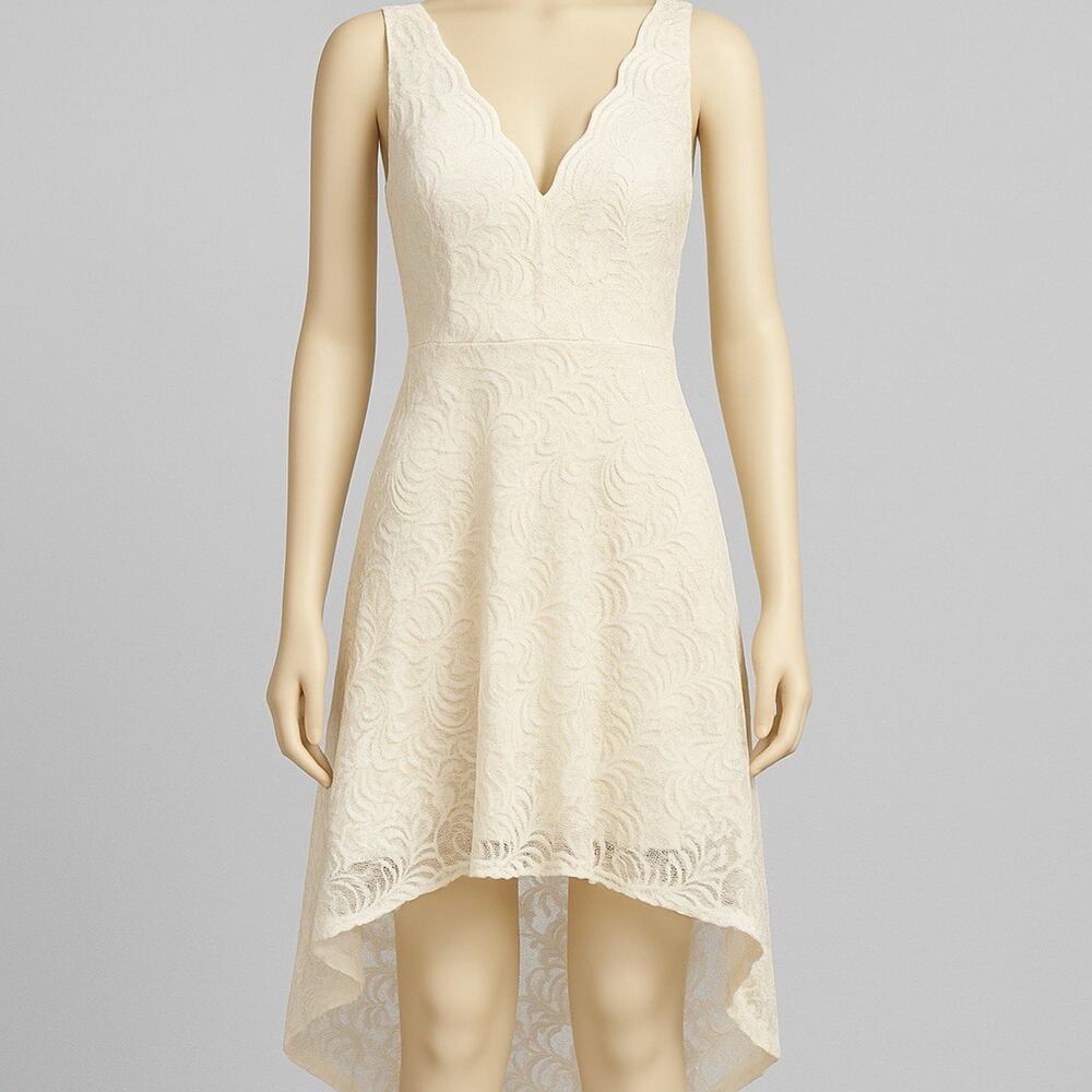 City Triangles Juniors 7 Ivory Lace High Low Dress V-Neck Formal Prom Homecoming